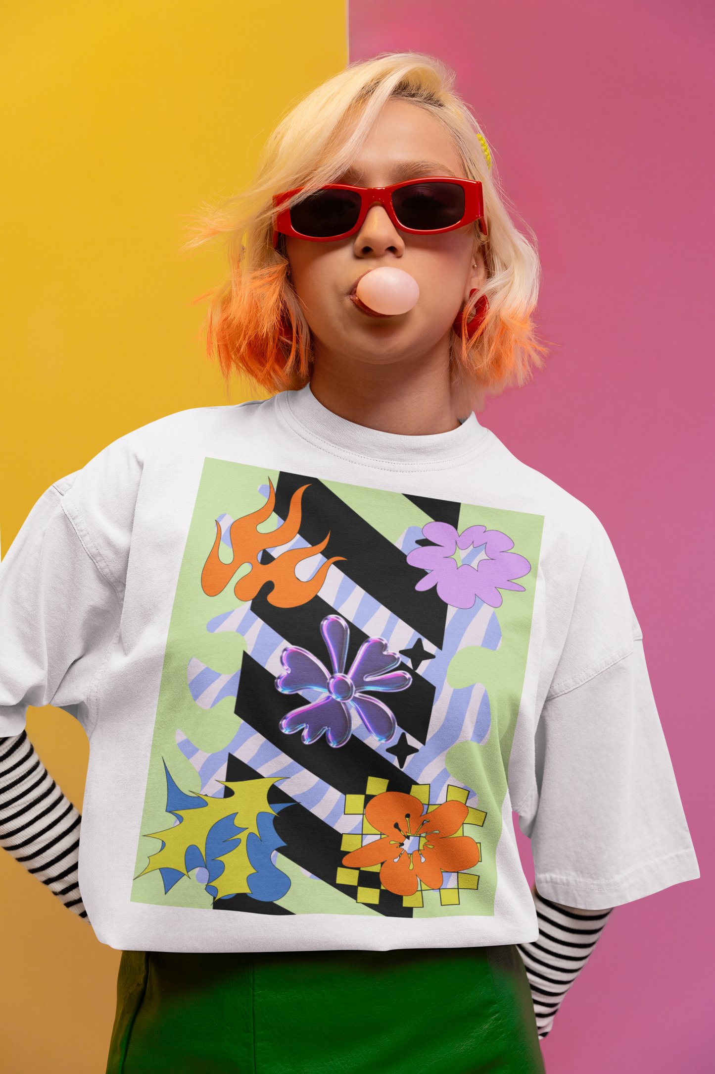 "Lime Pixel Bloom Pop" Oversized T-Shirt